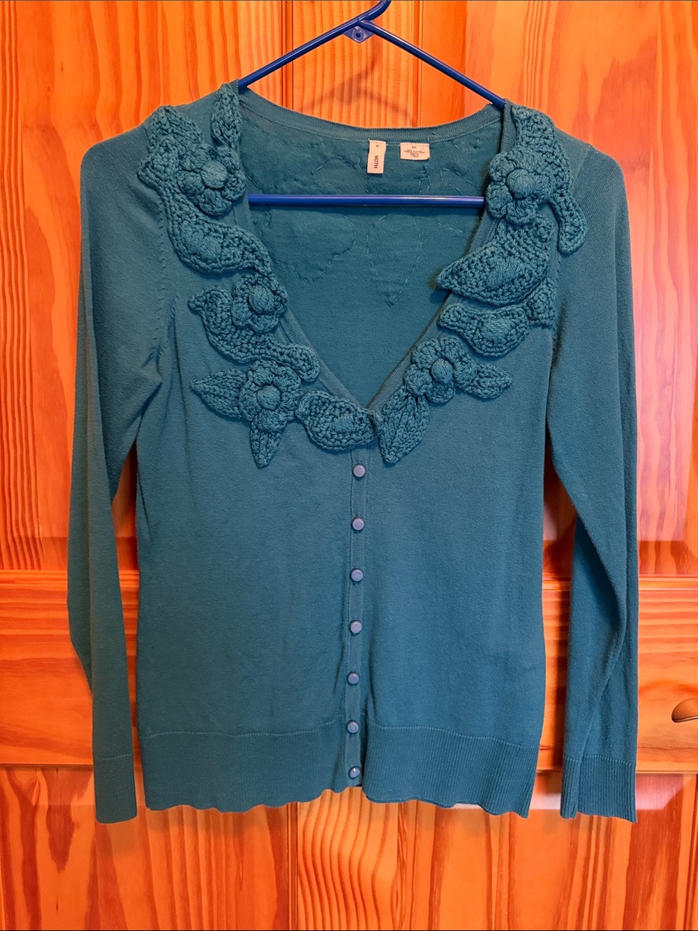 Anthropologie Moth Cardigan Sweater Teal Floral Bird Appliqué S/P